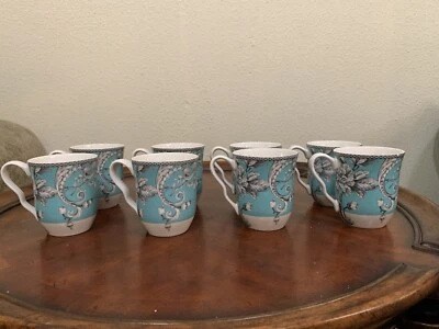 222 Fifth Adelaide Turquoise Mugs 4.25" Porcelain Floral Birds 8 Set Indonesia - Image 1 of 4