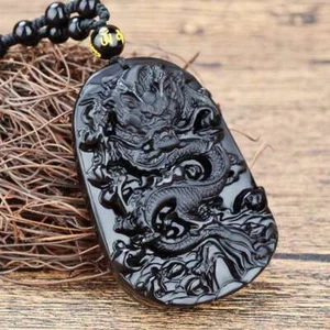 Genuine Natural Black Obsidian Dragon Crystal Necklace Pendant AAAA 54x39x13mm - Picture 1 of 3