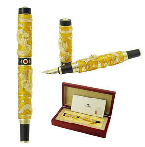 Jinhao Dragon Fountain Pen Yellow Cloisonne Enamel Ink Pen with Wood Gift Box