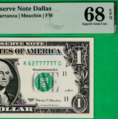 $1  Federal Reserve note FANCY LUCKY  Serial # 62-777777   SUPER GEM PMG 68 EPQ - Image 1 of 3