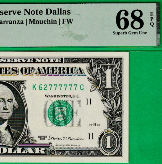 $1  Federal Reserve note FANCY LUCKY  Serial # 62-777777   SUPER GEM PMG 68 EPQ - Image 1 of 3