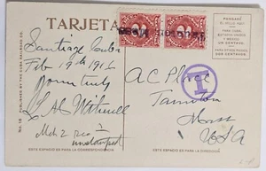 WW1/Santiago, KU--Taunton, MA/Via Kingston, JM/2, 2-C. Postage Due/KU PC/1916! - Picture 1 of 2