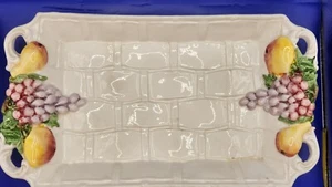 Ceramic Fruit Tray Dish Italy White 3D Grapes Pears Basket Weave French Country - Picture 1 of 4