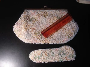 Vintage Beaded Floral Clutch Purse, Comb & Pouch - Picture 1 of 6
