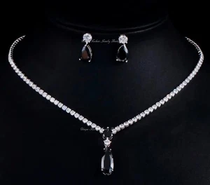 18k Platinum Plated Black Onyx & Simulated Diamond Tennis Necklace Earrings Set - Picture 1 of 6