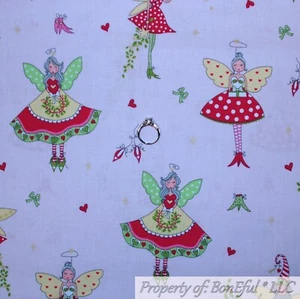 BonEful Fabric FQ Cotton Quilt Pink Red White Green Xmas Angel Wing Doll Holiday - Picture 1 of 12
