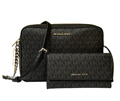 MICHAEL KORS JET SET ITEM EAST WEST CROSSBODY BAG + TRIFOLD WALLET MK BLACK - Image 1 of 4