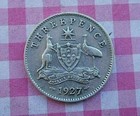 1927  Australian George v Threepence , FREE POSTAGE, actual  coin as photograph.