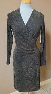 NWT Karen Kane On The Town Black/Gold Faux Wrap Dress Stretch Sparkle | Size XS - Picture 1 of 12