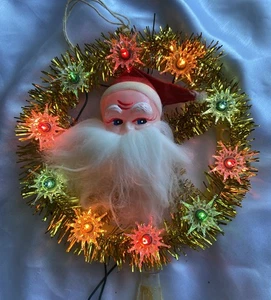 Vintage Weihnachtsborte SANTA Baumspitze Topper 11 Blinklichter. Gold Lametta. - Bild 1 von 6