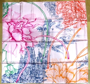 Bufanda HERMES L’Ombre Des Pivoines Carre 90 Rosa Naranja Azul Verde #y5058 - Imagen 1 de 13