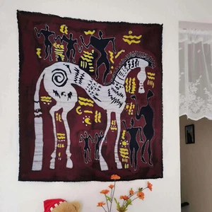 Batik Art, Tapestry Wall Hanging, Hand Dyed Cotton Fabric 30x35'' - White Horse - Picture 1 of 7