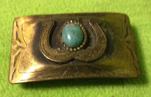 VTG ~ Cowboy ~ Horse Shoe ~ Solid Brass ~ TURQUOISE STONE ~ Western ~Belt Buckle - Picture 1 of 8
