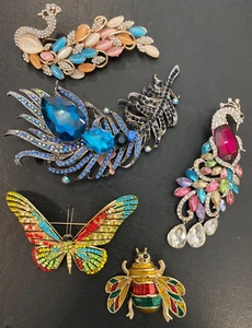 Lot of 5 Rhinestone Brooches~1 Butterfly, 1 Beetle, 2 Peacocks, 1 Peacock Feathe - Picture 1 of 13