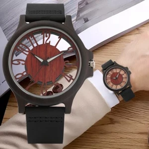 Mens Steampunk Quartz Wooden Watch Ebony Wood Case Leather Watches Unique Gifts - Picture 1 of 11