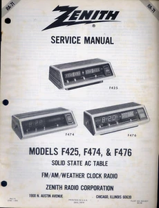 Zenith Service Manual F425/74/76 AC Solid State FM/AM/Weather Clock Radio PFAX53 - Picture 1 of 1
