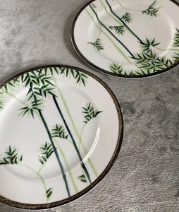 Hand PAINTED Vintage KUTANI HAYASI Bamboo PLATES Set Of 2 GOLD Edged - GORGEOUS - Picture 1 of 12