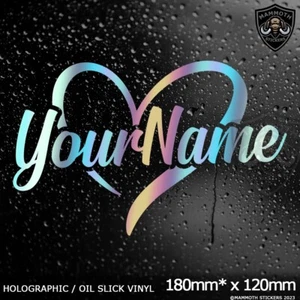 Custom Heart Personalised Name Sticker Valentine Love Chrome Oil Slick Vinyl Car - Picture 1 of 6