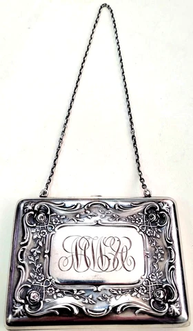 Antique Sterling Silver Card Carrying Case With Chain Cover