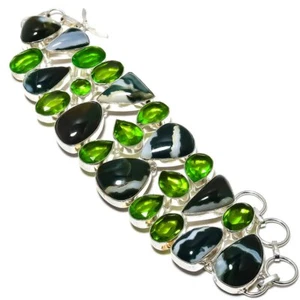Natural Tree Agate, Peridot Gemstone 925 Sterling Silver Bracelet 7"-8" Q468 - Picture 1 of 6