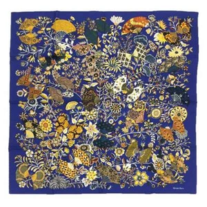 HERMES Scarf Carre 90cm Fleurs et papillons de Tissus 100% Silk Blue w/Box R9053 - Picture 1 of 3