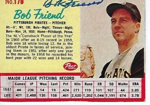 BOB FRIEND FIRMADO 1962 POST CEREAL #178 - PITTSBURGH PIRATAS - Imagen 1 de 1