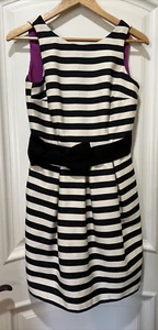 WHITE HOUSE BK MKT CREAM BK STRIPS DRESS SZ 2 W BOW BELT & 2 POCKETS - Picture 1 of 10