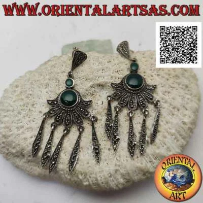 Orecchini Argento 925‰ doppia agata verde tonda su ventaglio con pendenti tempes - Immagine 1 di 4