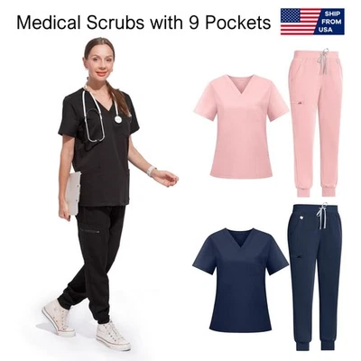 Conjunto Médico Uniforme Elástico Ajustado Top y Pantalón Jogger con 9 Bolsillos Foto 1 de 4