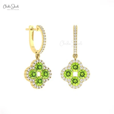 4mm Brilliant Cut Peridot 14k Real Gold Peridot & Diamond Clover Dangle Earrings - Image 1 of 4