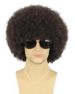 Adult Men Women Afro 70s 80s Curly Dark Brown Wig Rocker Party Wig California... - Picture 1 of 8
