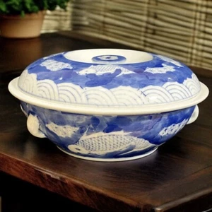 Koi Fish Carp Covered Casserole Blue & White Dish Bowl Chinese Hand Painted 8.5 - Picture 1 of 12