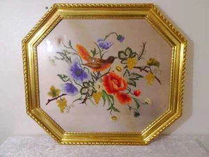 Antike XXL Stickerei Bild in Holzrahmen Vogel Vintage um 1900 - 96 cm x 85 cm - Bild 1 von 8