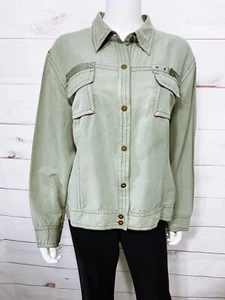 Chico's Womens Shirt Jacket Size 3 Green Button Up Long Sleeve Silk Linen Top - Picture 1 of 9