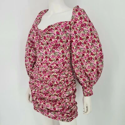 全新带标签 Nasty Gal 花卉气球袖褶皱迷你连衣裙女式 6 码 — 第 1/4 张图片