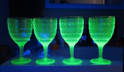 (5) Anchor Hocking URANIUM GLASS Goblets Block Optic Swirl Pat. Only 4 In Photo • 29.95$