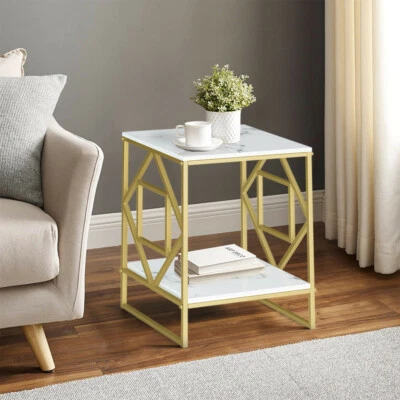 16" Gold Marble End Table 2Tier Square Small Table Sofa Bedside Modern Nighstand - Image 1 of 4