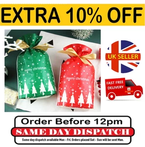 10 x Christmas Bags Reusable Drawstring Party Bags Wrap Presents Stocking Filler - Picture 1 of 19