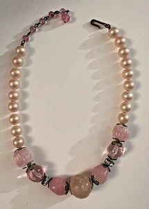 Vintage Faux Pearl Pink Quartz Glass Beaded Necklace 15" - Picture 1 of 4