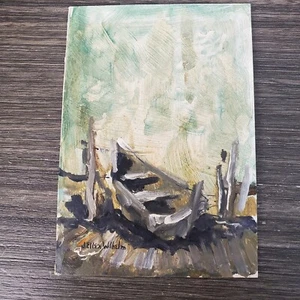 J. Ellen Wilhelm Wooden Boat Canoe Docked Oil Painting UNFRAMED 5x7 Inch Mini - Picture 1 of 5