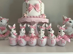 Custom Pink Bow white Easter Bunnies in eggs Sign Resin Table Spring Decor - Picture 1 of 6