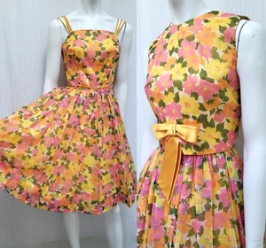 Vintage 1950s Yellow Pink Floral Chiffon 2 Piece Dress with Satin Bow - Size XS - Picture 1 of 16