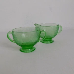 Hazel Atlas Florentine 1 Depression Glass Open Sugar Bowl Creamer Green Poppies - Picture 1 of 11