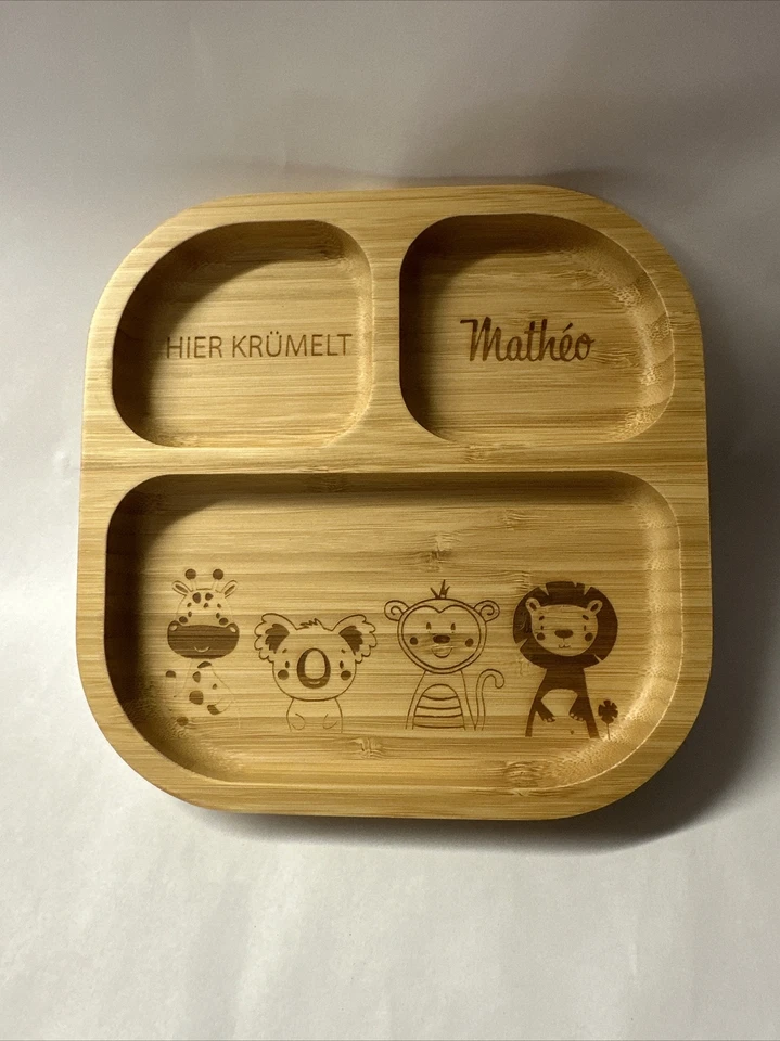 tiny dining teller Bambus Baby Kinder Teller Graviert - hier krümelt Mathéo - Bild 1 von 4