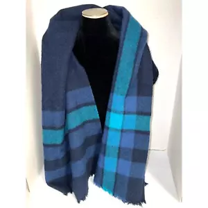 Vintage Coach Wool Scarf Blanket Plaid Navy Blue Teal Heavy Warm 24" x 68" - Picture 1 of 10