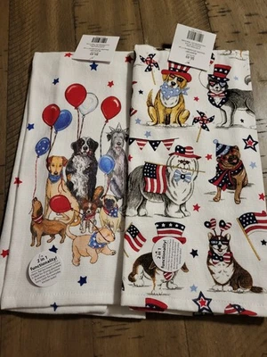 Lot Of 2 Dog And Partiotic Dish Towels. Size 16" X 26". Absorbent And Drying.  - Image 1 of 4