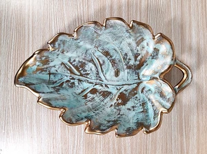 13" MCM Stangl Aqua Blue Antique Gold Leaf Tray Dish Bowl #4038 - Picture 1 of 8