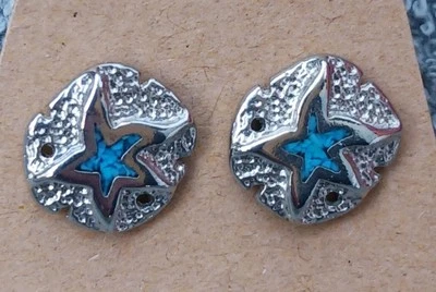 Turquoise Star Earrings Silvertone - Star Post Stud Earrings Marked - Image 1 of 4