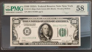 $100 1928A Federal Reserve Note New York Fr.2151-Bdgs Dark Green PMG 58 CAU - Picture 1 of 5