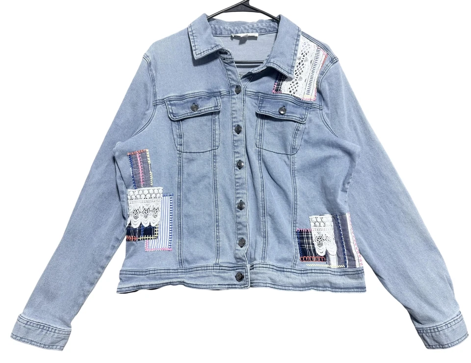Cactus + Pearl Denim Jacket Womens Large Light Wash Patchwork Lace MS-15711 - Image 1 of 4